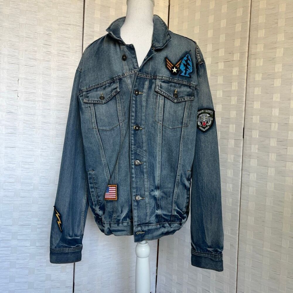 MENS RING OF FIRE PATCHED DISTRESSED DENIM JEAN JACKET SIZE L